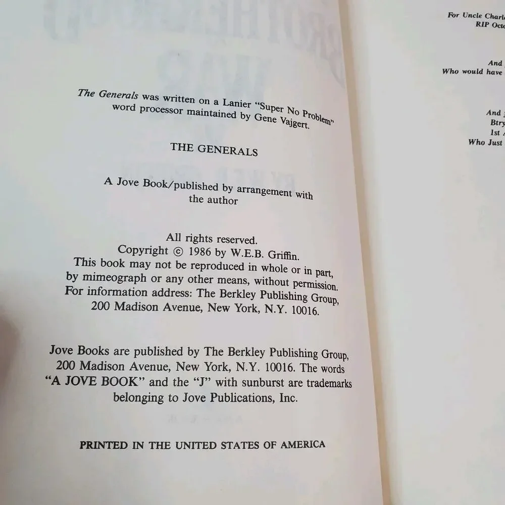 The Generals Brotherhood of War Book VI (BCE) by W. E. B. Griffin 1986
